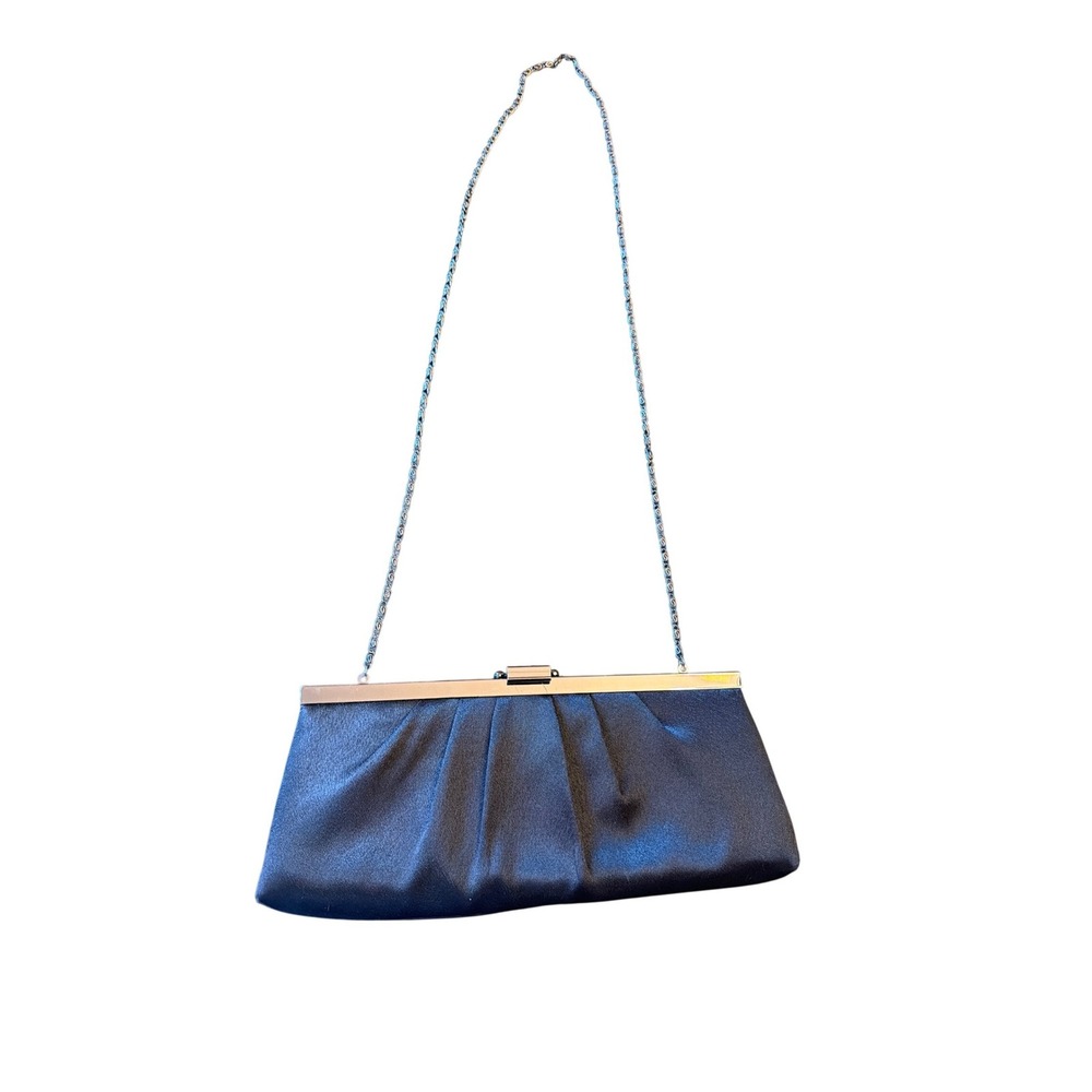Jessica McClintock Clutch Black‎ Satin Pleated Evening Bag Silver Frame Chain